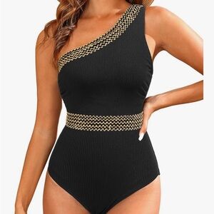 Chic Black and Gold One-Shoulder Swimsuit